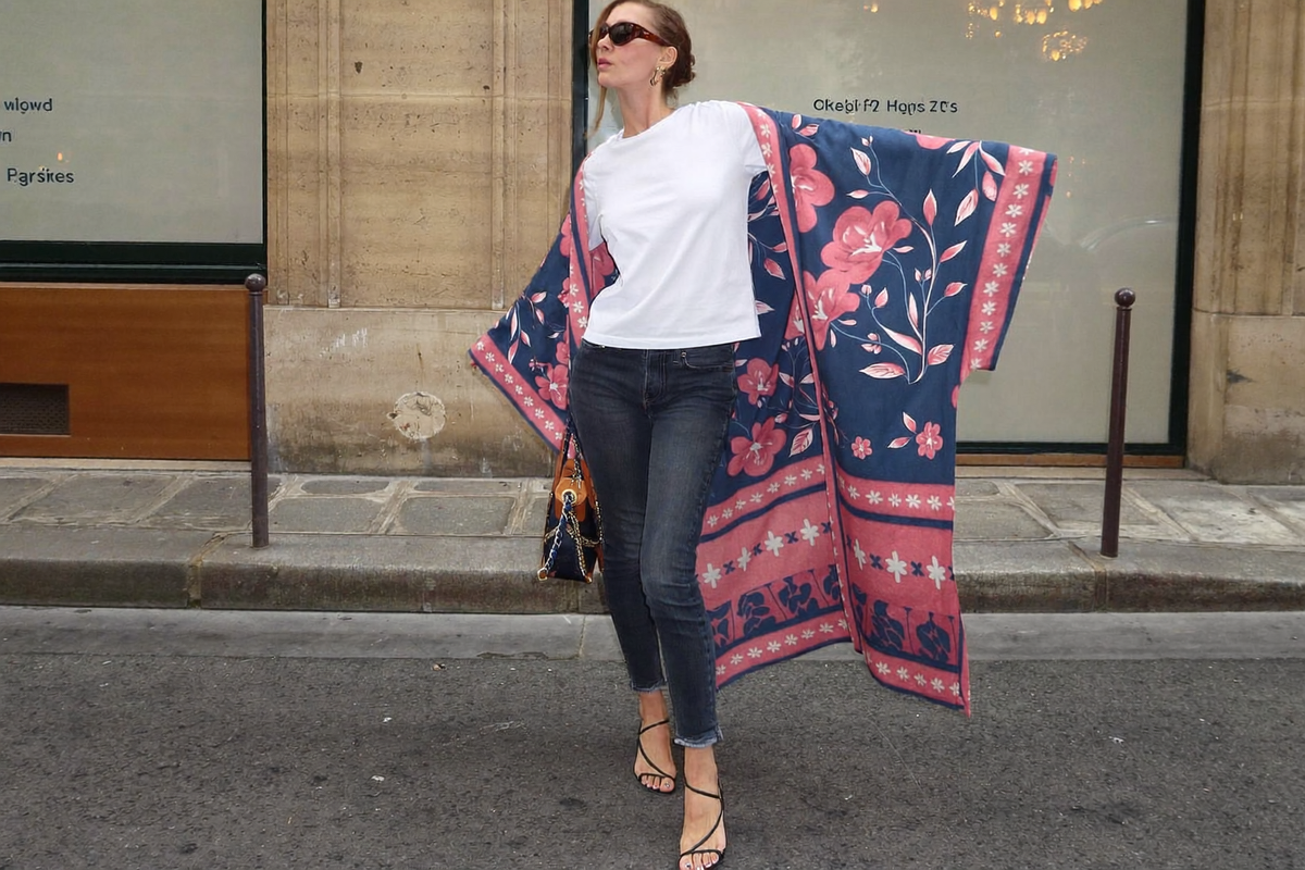 Avec quoi porter un kimono long : t-shirt blanc, jean slim et sandales