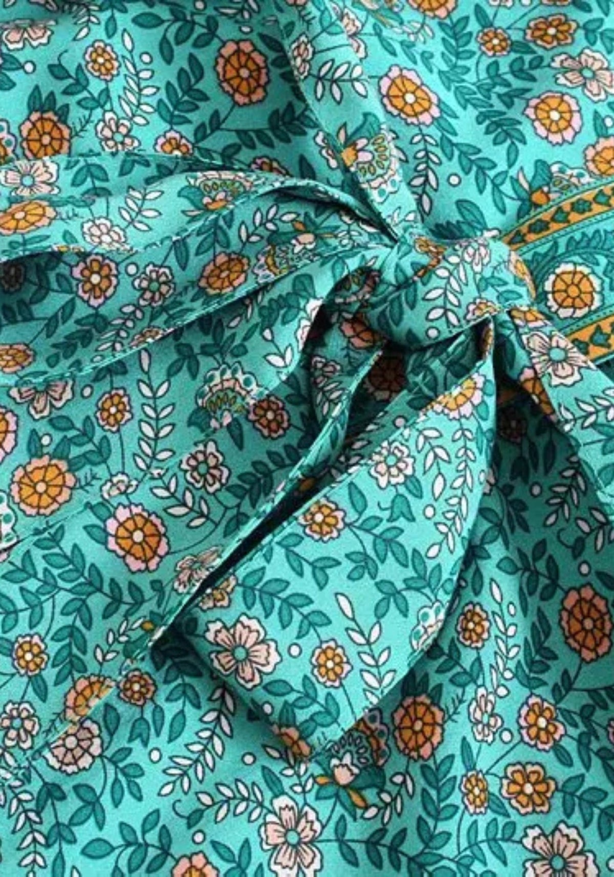 Kimono Long Fleuri turquoise Seigaiha