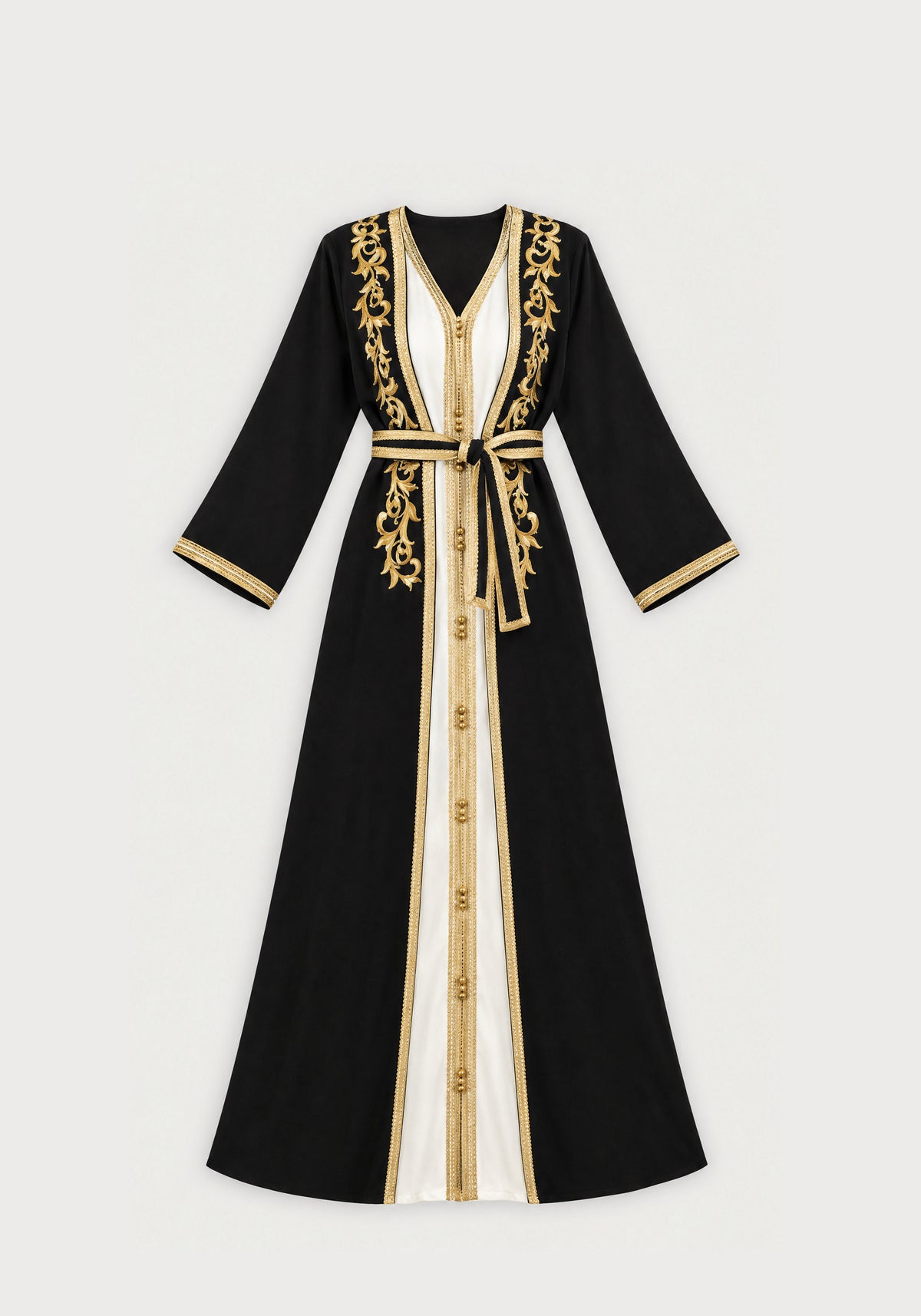 Caftan simple noir brodé or - vue à plat