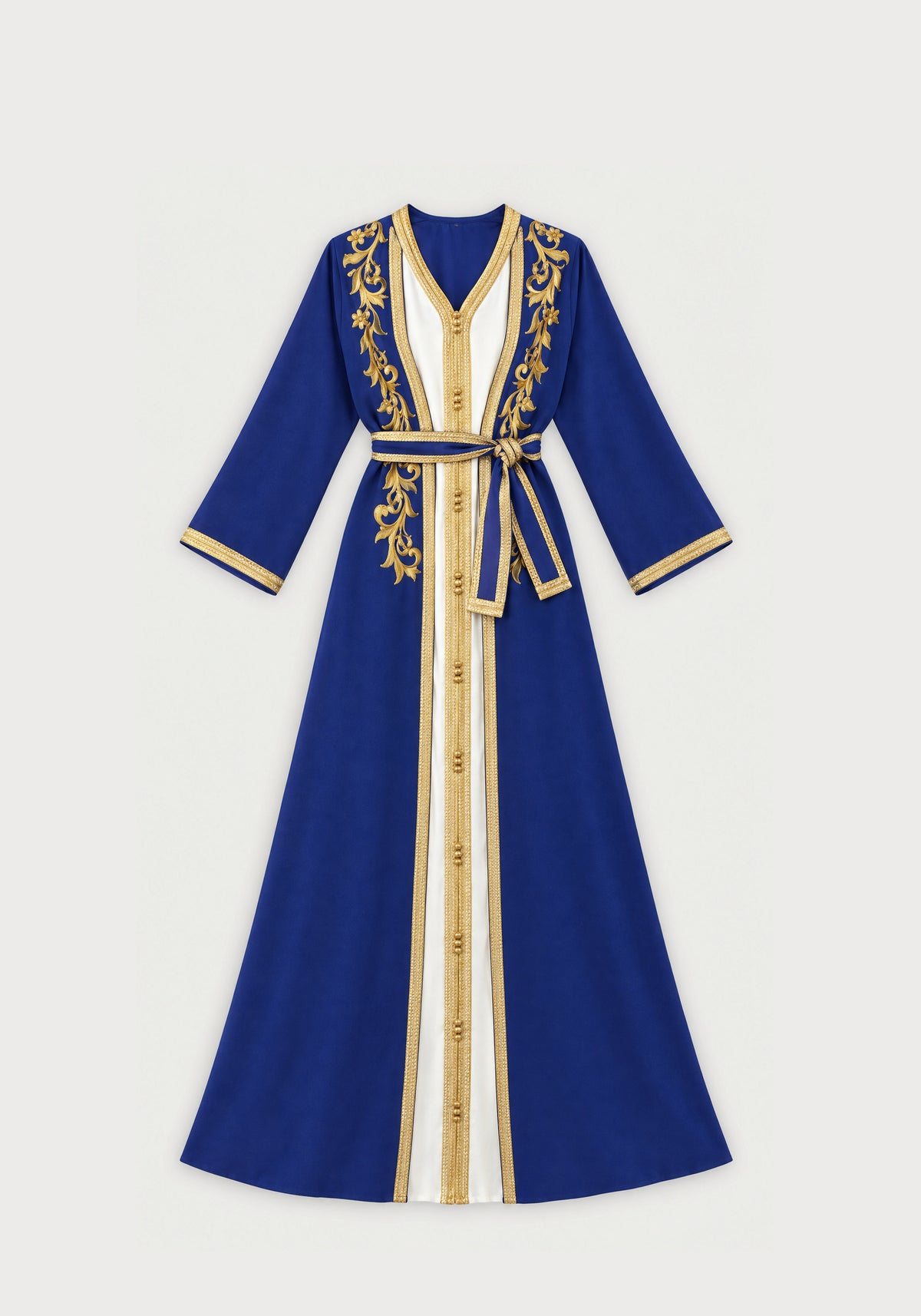 Caftan simple bleu roi brodé or - vue à plat