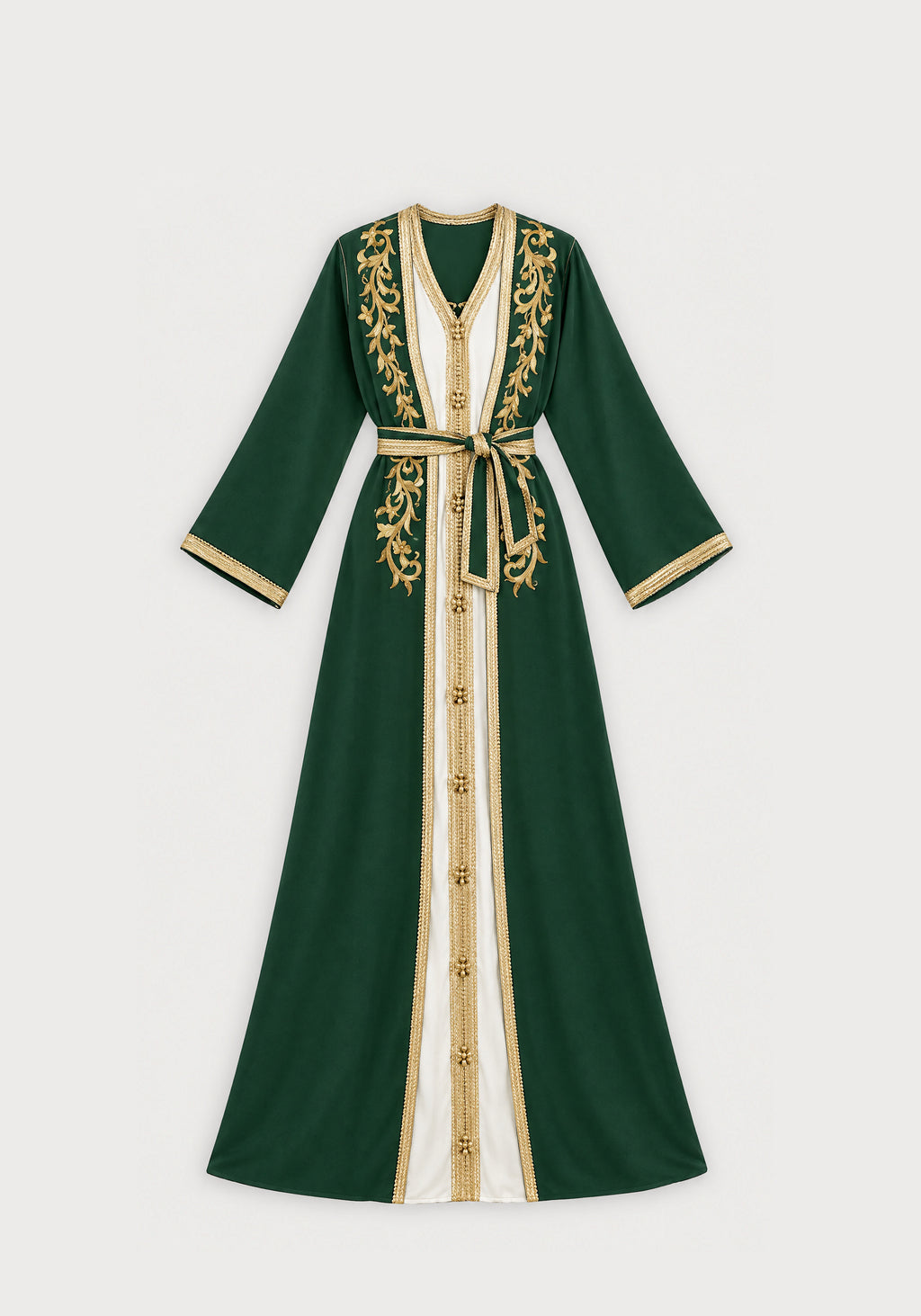 Caftan simple vert brodé or - vue à plat