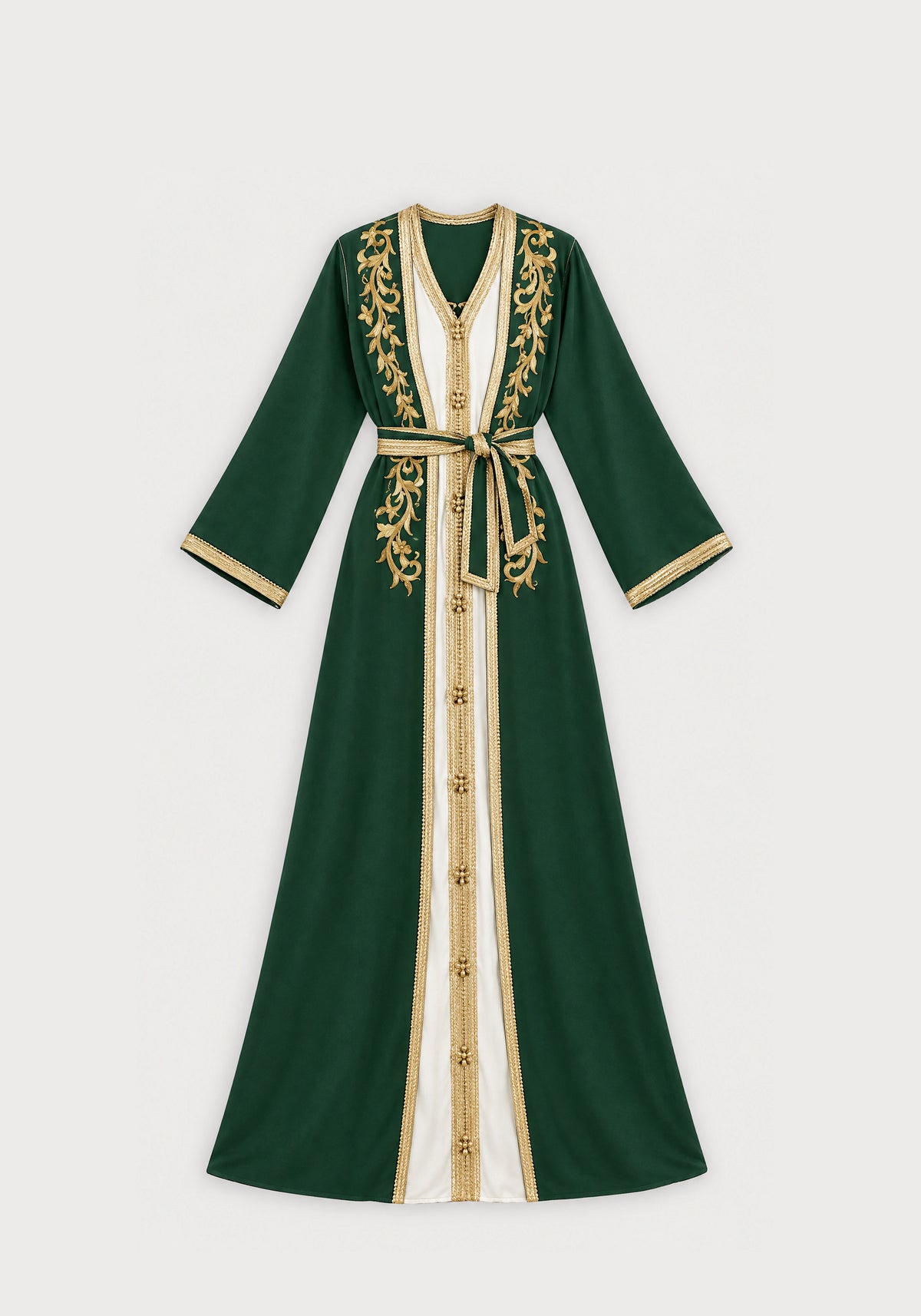 Caftan simple vert brodé or - vue à plat
