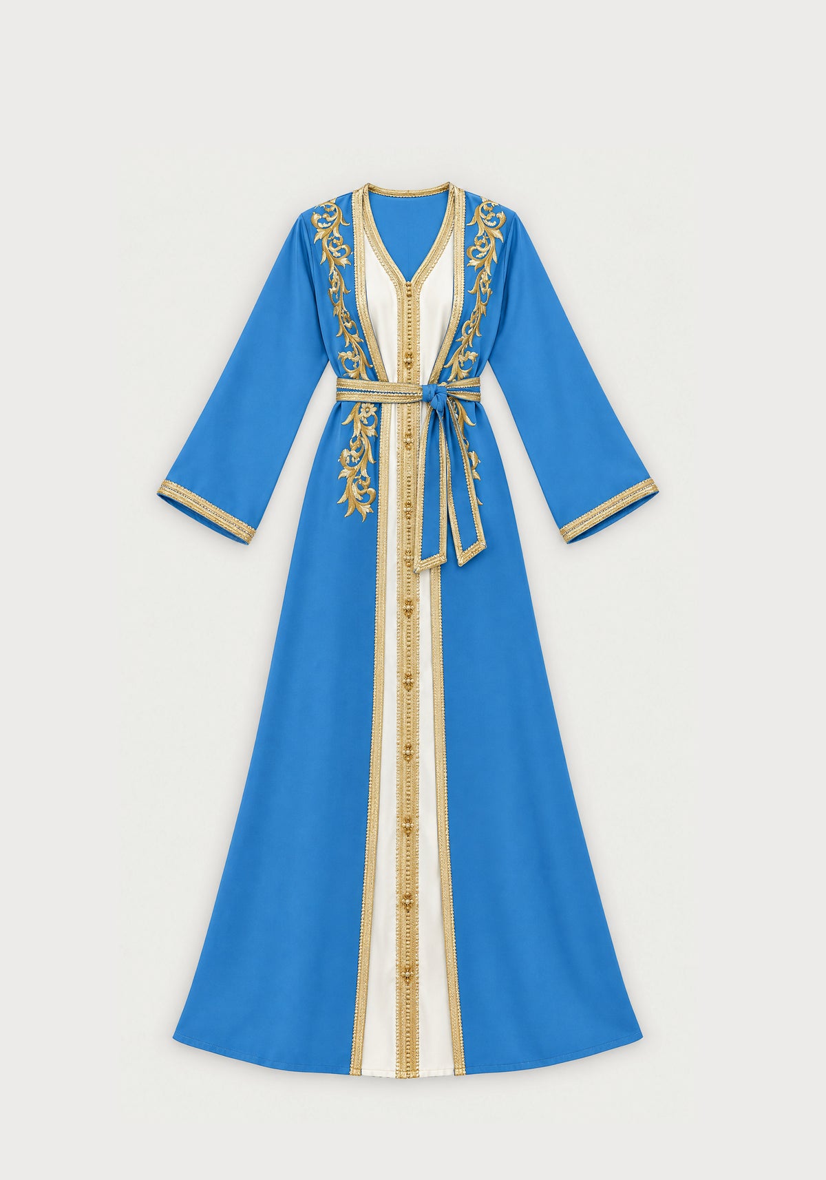 Caftan simple bleu lagon brodé or - vue à plat