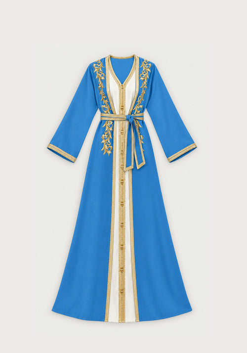Caftan simple bleu lagon brodé or - vue à plat