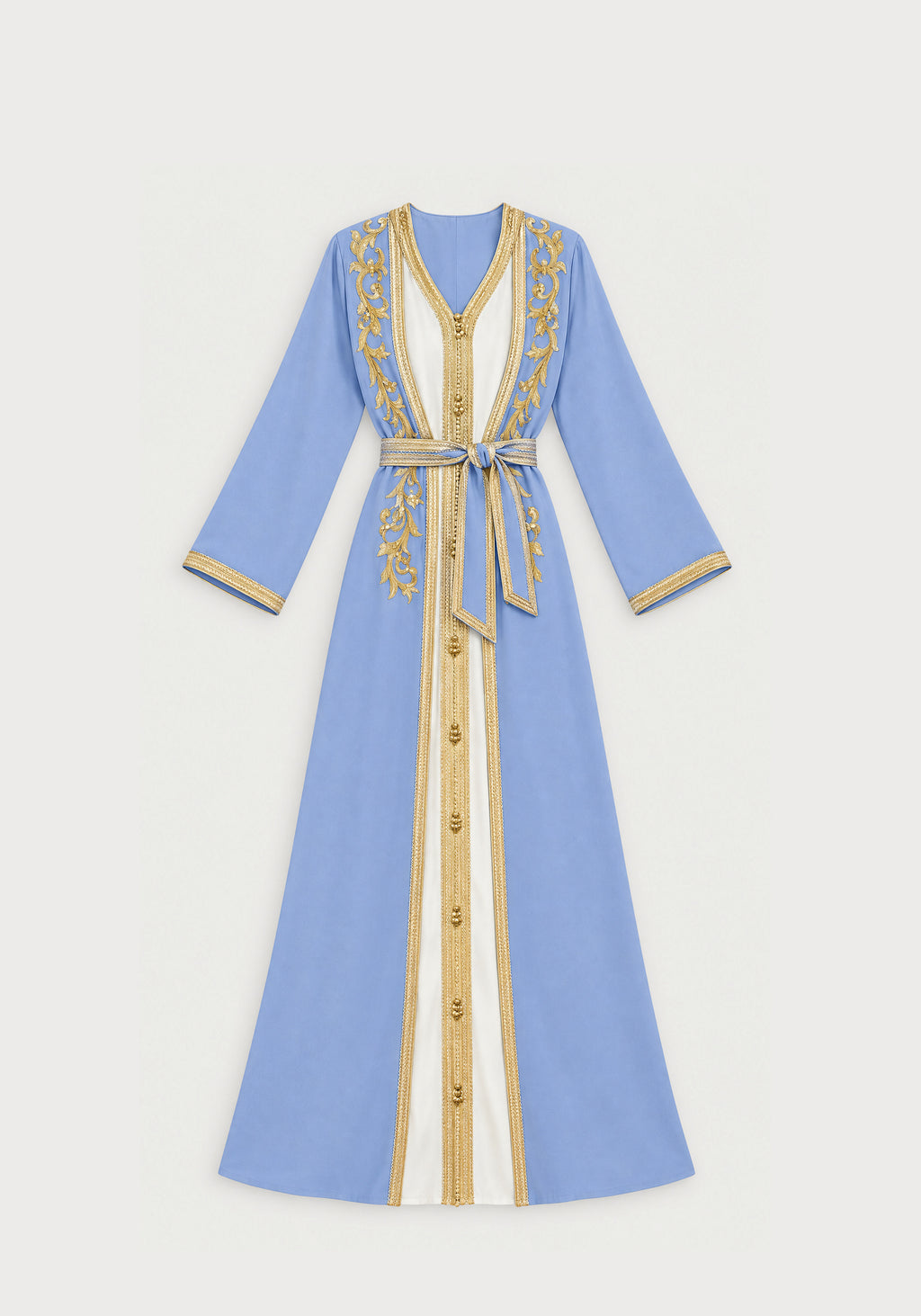 Caftan simple bleu clair brodé or - vue à plat