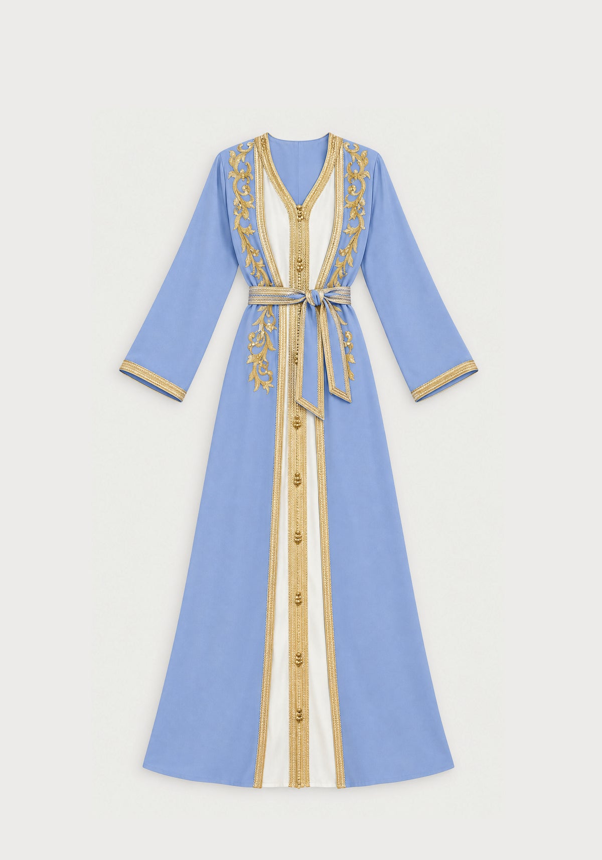 Caftan simple bleu clair brodé or - vue à plat