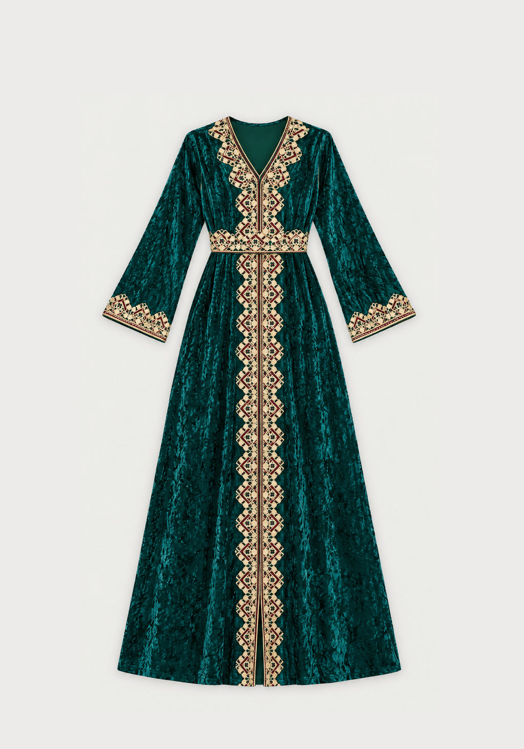 Caftan velours vert émeraude brodé or - vue à plat
