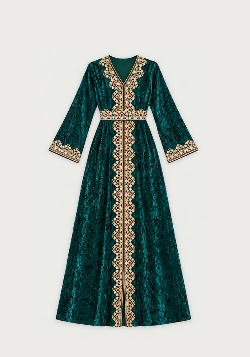 Caftan velours vert émeraude brodé or - vue à plat