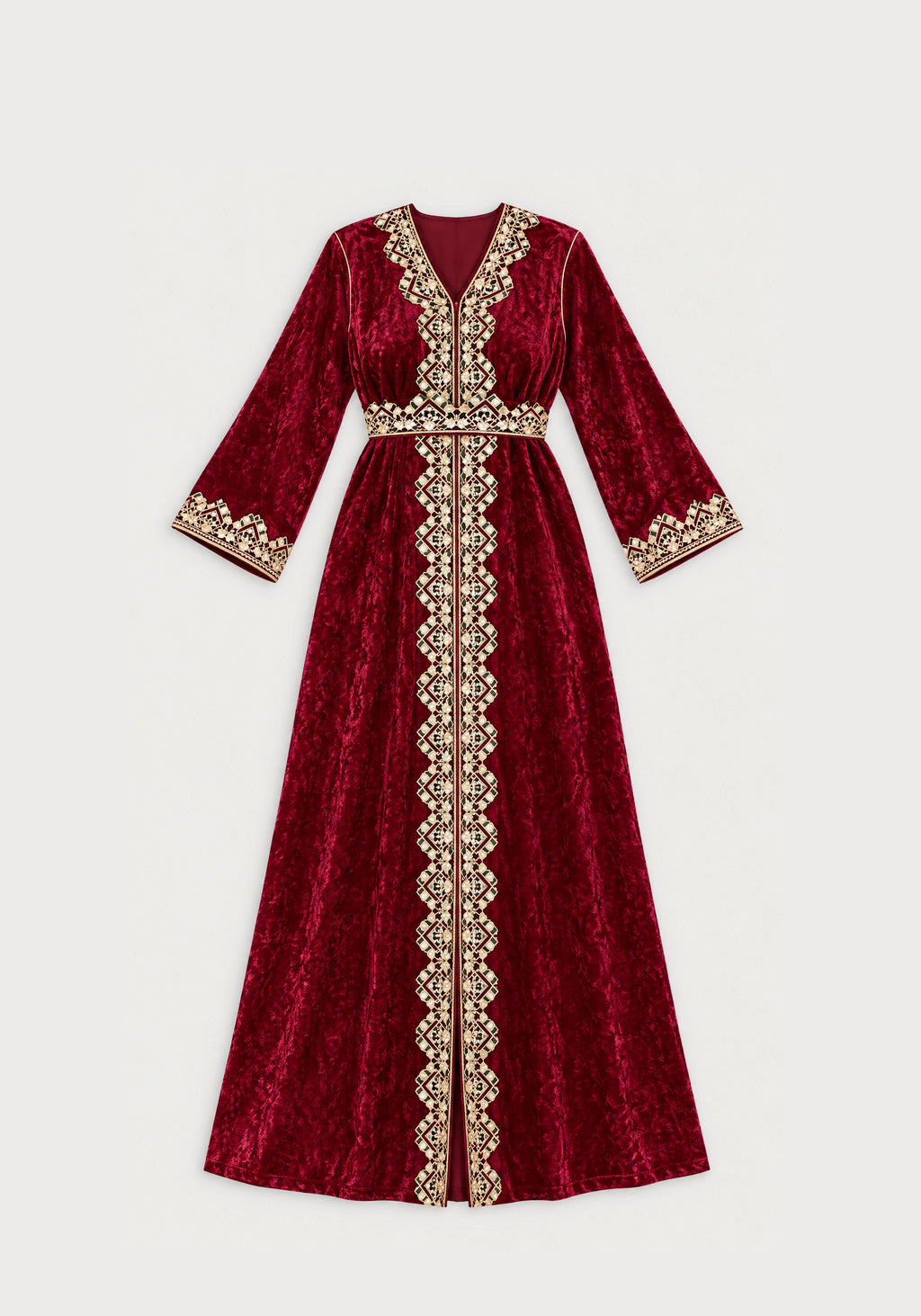 Caftan velours bordeaux brodé or - vue à plat