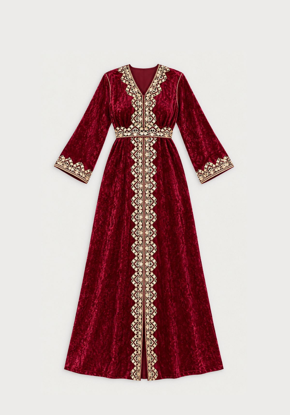 Caftan velours bordeaux brodé or - vue à plat