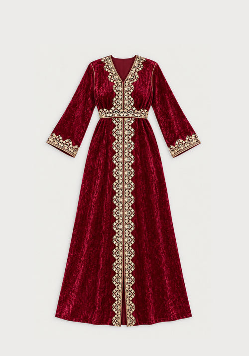 Caftan velours bordeaux brodé or - vue à plat
